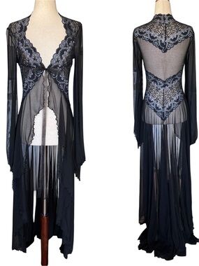 Trashy Lingerie Desiree Sheer Mesh Long Black Robe Blue Lace Medium